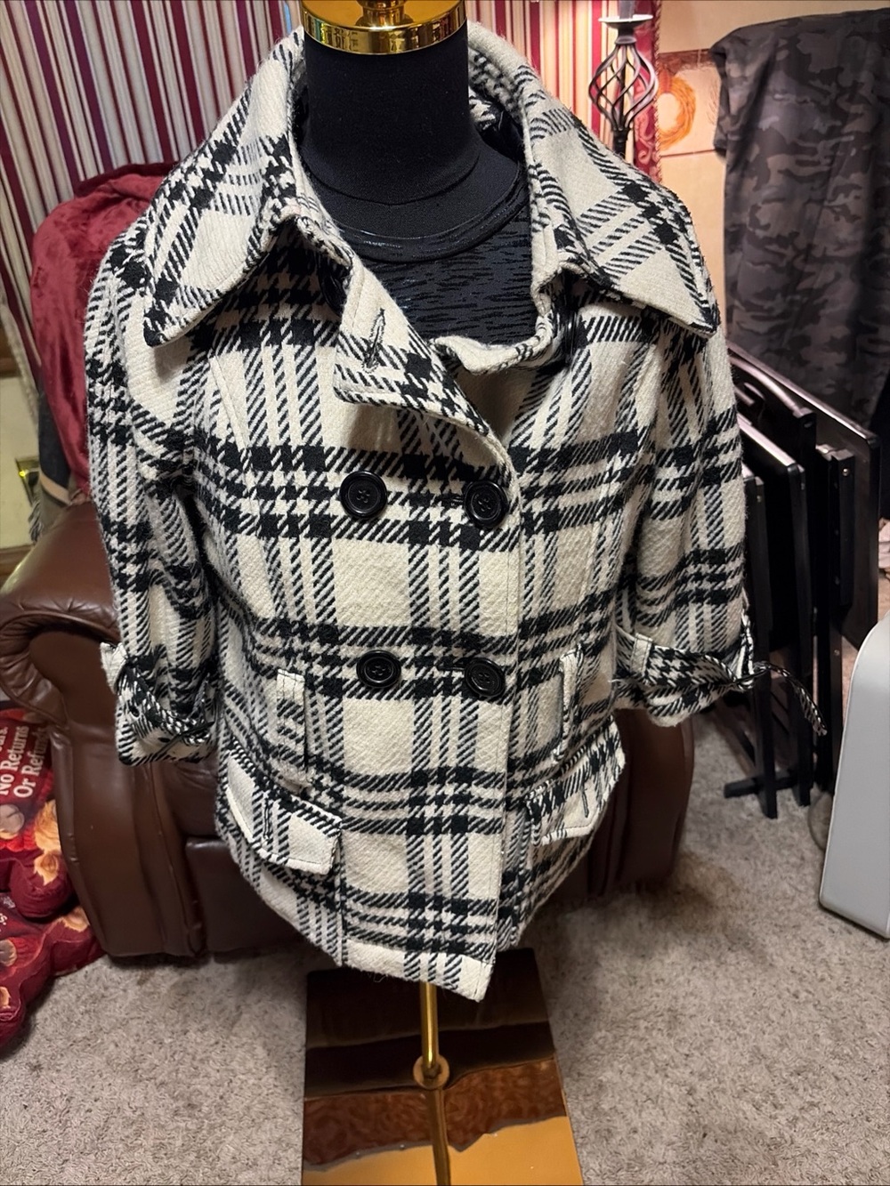 Jou Jou Black & Cream Plaid Double-Breasted Short Peacoat